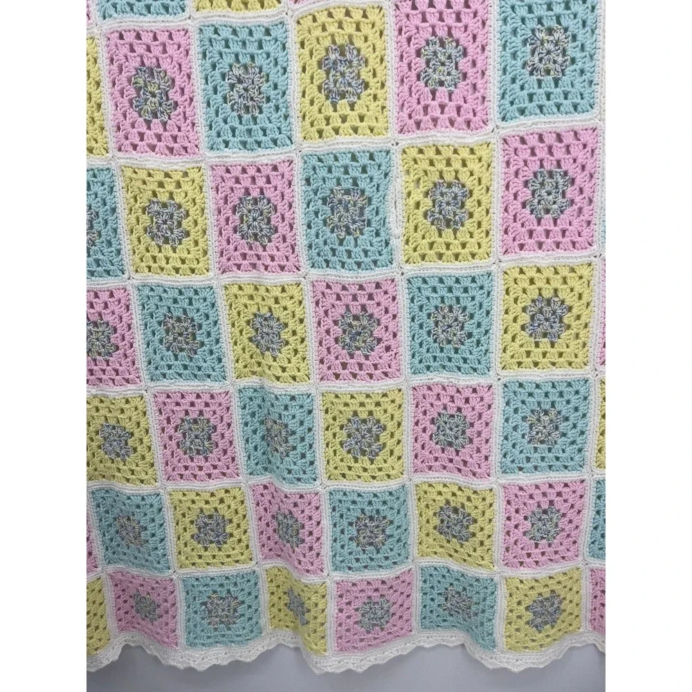 Vintage Pastel Afghan Granny Square Crocheted Baby Blanket Handmade 59 x 46